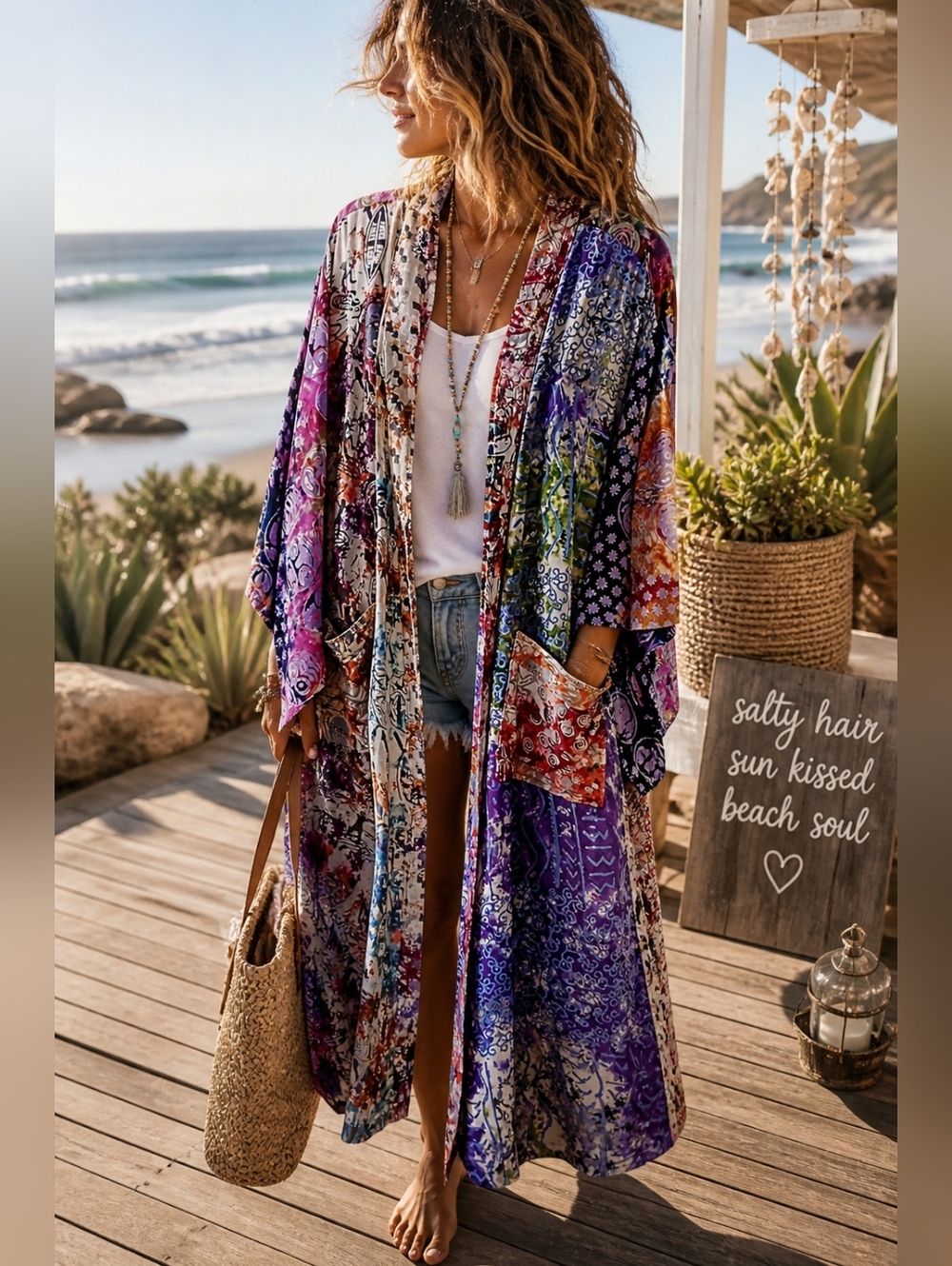 COASTAL Hippie BOHO Patchwork Kimono DUSTER Colorful Batik Tie Dyed Cover Up OS